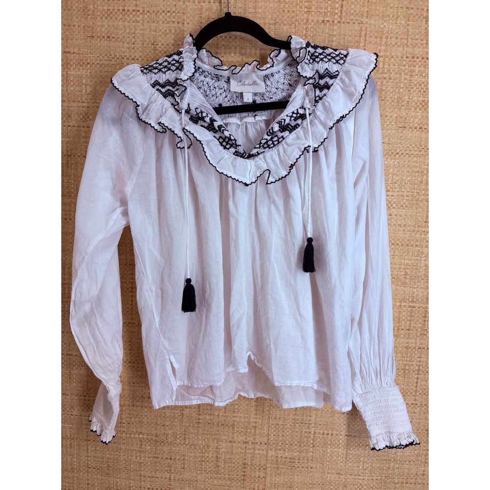 Cleobella Organic Cotton Smocked Ruffle Blouse Womens Small White Navy Tassel